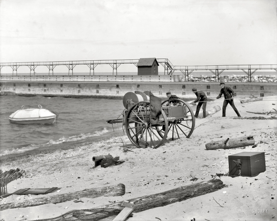 Photo showing: Life Savers -- Charlevoix, Michigan, circa 1908. Life saving crew practice. The U.S. Coast Guard.