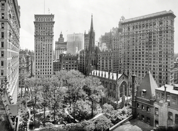 Photo showing: The Powers That Be -- New York circa 1908. Trinity churchyard and skyscrapers.
