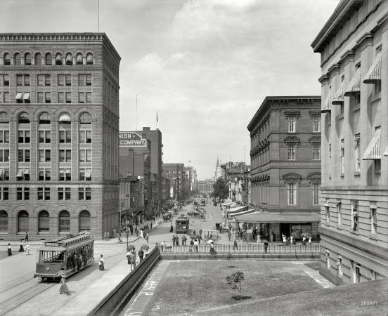 Photo showing: Down F Street: 1908 -- Washington, D.C. F Street, looking toward Treasury.