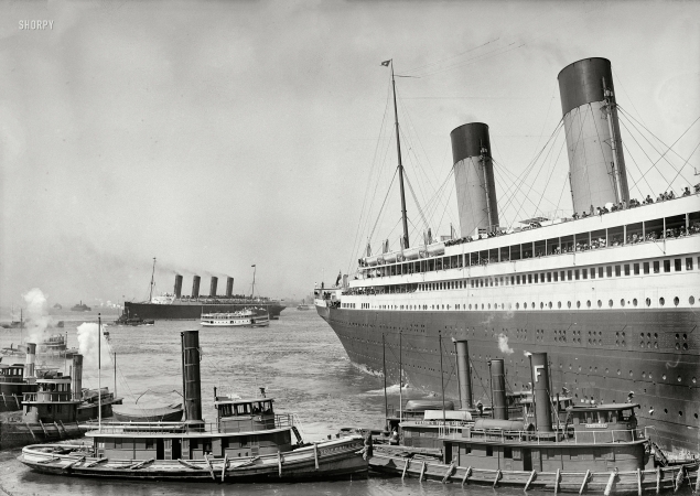 Photo showing: The White Star Olympic -- New York. June 21, 1911. The Titanic's sister ship guided by tugboats, and the ill-fated Lusitania in the distance.