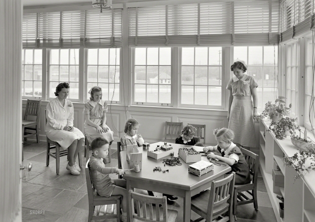 Photo showing: Play School -- Feb. 9, 1940. Middlesex County Girls Vocational School, Woodbridge, New Jersey. Household management porch.