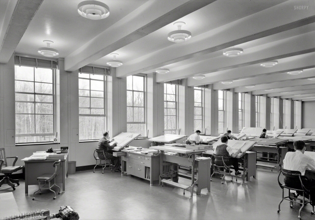 Photo showing: Bell Labs -- March 19, 1942. Bell Telephone Laboratory, Murray Hill, New Jersey. Drafting room.