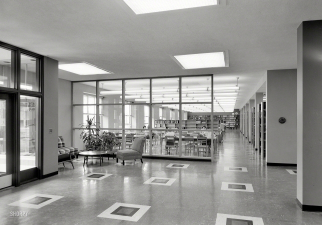 Photo showing: Clean, Well-Lighted -- April 24, 1953. Goucher College, Towson, Maryland. Library interior.
