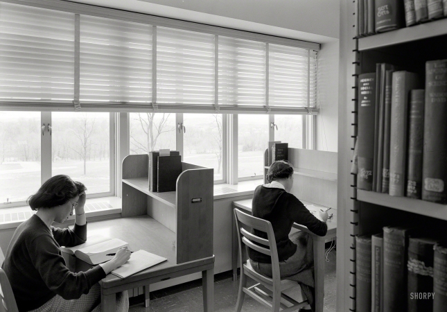 Photo showing: These Our People -- April 24, 1953. Goucher College, Towson, Maryland. Library interior IV. Moore & Hutchins, client.