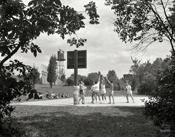 Photo showing: War Hoops -- August 23, 1951. Indian Head Camp, Bushkill, Pennsylvania. Boys on basketball court.