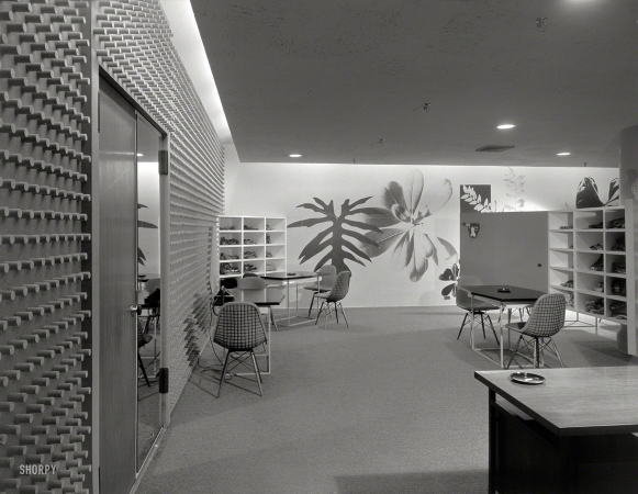 Photo showing: Scarf Chic -- June 20, 1952. Scarves by Vera, 417 Fifth Avenue, interior. Marcel Breuer, architect.