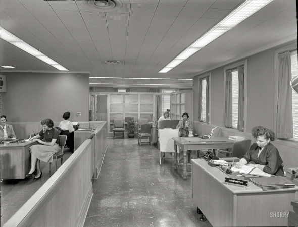 Photo showing: The Mortgage Room -- Feb. 24, 1953. Suffolk County Federal Savings. Babylon, Long Island, New York. Mortgage room.