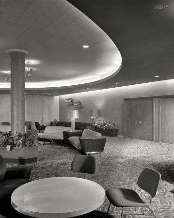 Photo showing: Catskills Modern -- Sept. 23, 1953. Stevensville Hotel, Liberty, New York. View to dining room.