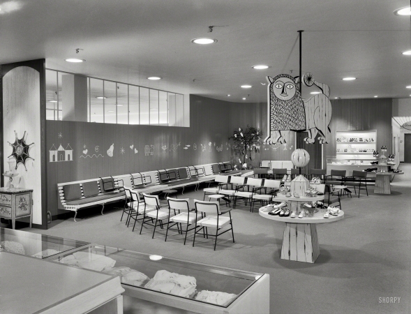 Photo showing: Juvenile Footwear -- April 16, 1955. Children's shoes, Lord & Taylor. Bala Cynwyd, Pennsylvania. Raymond Loewy Associates.
