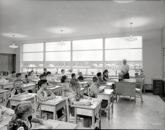Photo showing: Forest Brook Elementary -- November 8, 1956. Forest Brook Elementary School, Hauppauge, Long Island. Classroom and teacher.