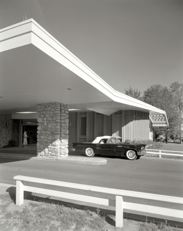 Photo showing: Thunderbird Lodge -- August 13, 1957. Greenfield Park, New York. Tamarack Lodge. Sharp view.