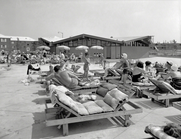Photo showing: Linden Woods -- August 19, 1959. Linden Woods Swim Club, Howard Beach. View to clubhouse.
