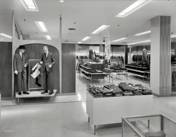 Photo showing: Mens Furnishings -- Oct. 23, 1959. Bloomingdale's. Hackensack, New Jersey. Men's shop. Raymond Loewy, client.