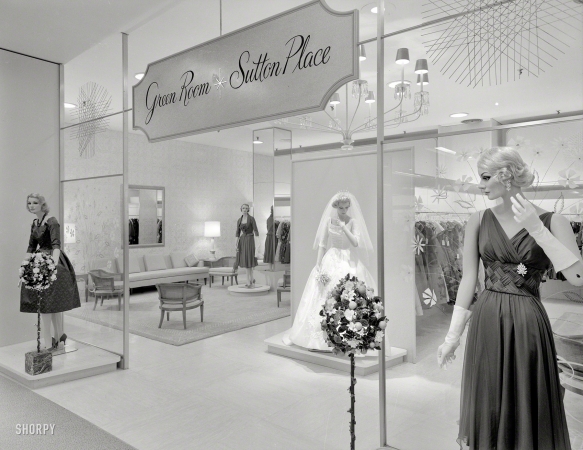 Photo showing: Hackensack Bride -- October 23, 1959. Bloomingdale's, Hackensack, New Jersey. Green Room, Sutton Place. Raymond Loewy, client.