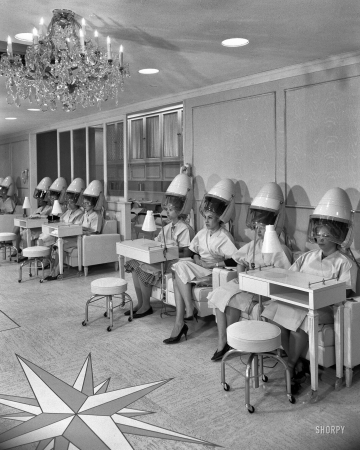 Photo showing: The Hive Mind -- Sept. 18, 1961. New York. Helena Rubinstein, 655 Fifth Avenue. Hair dryers.