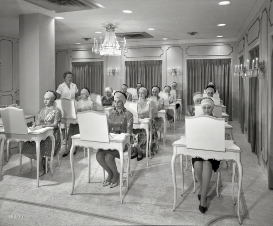 Photo showing: Wrapped in Plastic -- Sept. 15, 1961. Helena Rubinstein, 655 Fifth Avenue, New York. Class in session.