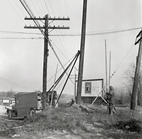 Photo showing: Breck Girl -- Washington, D.C., or vicinity circa 1937. Potomac Electric Power Co. -- Pole setting. 