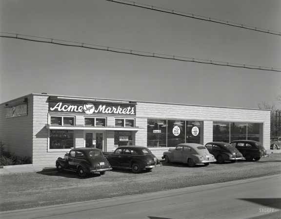 Photo showing: Acme Market -- Maryland circa 1948. Acme Market. Four Corners -- Woodmoor Shopping Center,
Colesville Pike and Old Bladensburg Road. Schreier & Patterson, architects. 