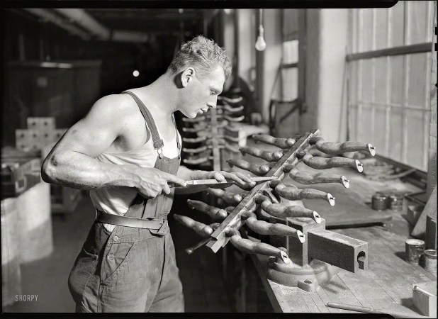 Photo showing: American Doll -- 1936. Mount Holyoke, Mass. Paragon Rubber Co. and American Character Doll. Building rubber doll moulds.