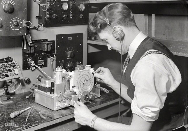 Photo showing: Final Inspector -- 1936. Camden, New Jersey. RCA Victor Final Inspector -- testing radio frequency alignment and making final test of chassis.