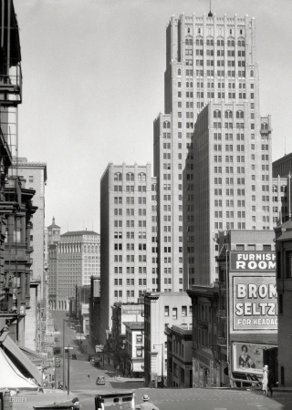Photo showing: San Francisco Views -- San Francisco views, 1927. On Pine Street, looking east at the 32-story Russ Building.