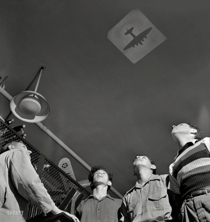 Photo showing: Planespotting -- July 1942. Training high school boys to identify planes by
their silhouettes. Weequahic High School, Newark, New Jersey.