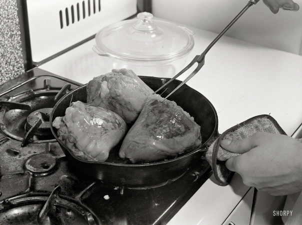 Photo showing: Hearts on Fryer -- October 1942. Share the Meat recipes. Braised stuffed heart.