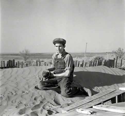 Photo showing: Still in Kansas -- March 1936. Farmer's son playing on one of the large soil drifts which threaten to cover up his home. Liberal, Kansas.