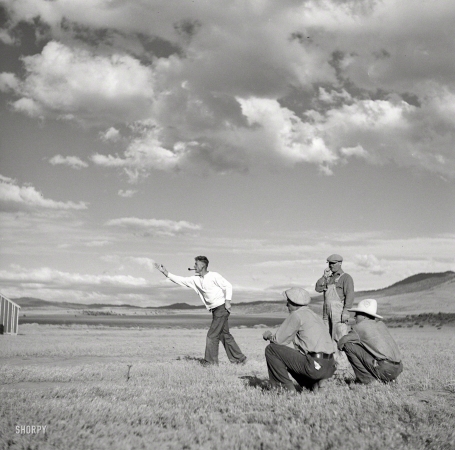 Photo showing: Prairie Pitcher -- July 1936. Pitching horseshoes at the Resettlement Administration camp. Madras, Oregon.