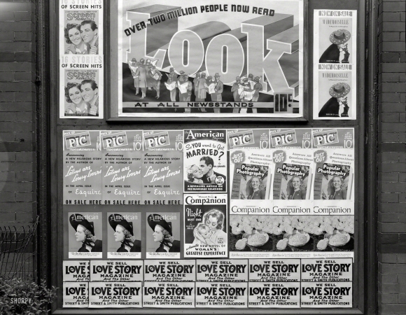 Photo showing: LOOK Here. -- April 1938. Magazine advertisements. Washington, D.C. Teasers for the latest in titillating periodicals.