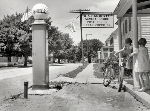 Photo showing: Little Creek -- July 1938. General store and post office in Little Creek, Delaware. A fishing village.