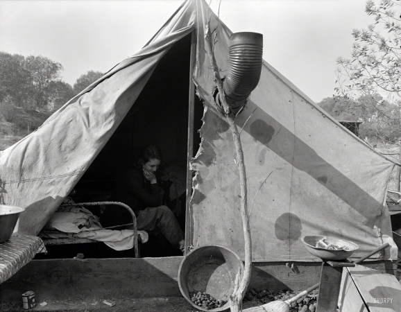 Photo showing: Coal Miners Daughter -- November 1936. Home of Tennessee family of seven, now migratory workers
living in camp outside of Sacramento. Father was coal miner in Tennessee.