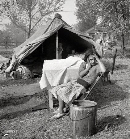 Photo showing: Lady of the Flies -- November 1936. Children and home of migratory cotton workers. Migratory camp, southern San Joaquin Valley, California.