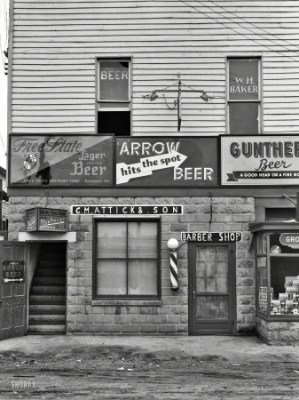 Photo showing: Beer Here -- September 1937. Barber shop and pool hall. Berwyn, Maryland.