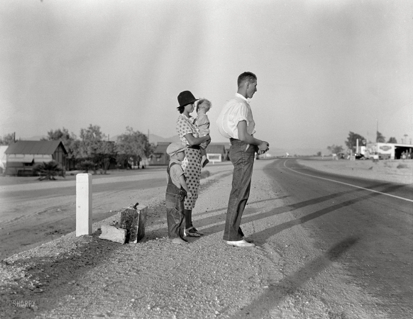 Photo showing: Self-Resettlers -- August 1936. Example of self-resettlement in California. Oklahoma farm family on highway between Blythe and Indio.  