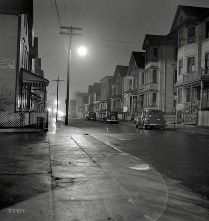 Photo showing: While the City Sleeps -- Fall 1940. New Bedford, Massachusetts. Foggy night.