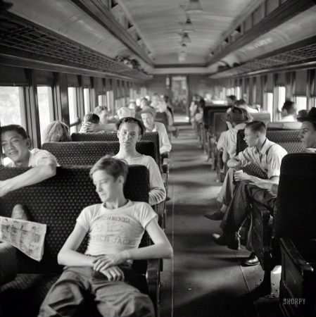 Photo showing: Peas Train -- Sept. 1942. Special train carrying agricultural workers to upper New York state to work in the harvest.