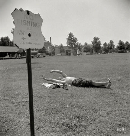 Photo showing: No Fishing -- June 1942. Washington, D.C. Sunbather in East Potomac Park.