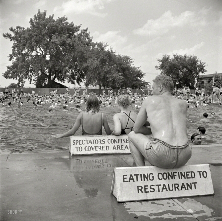 Photo showing: Pool Rules -- July 1942. Washington, D.C. Municipal swimming pool on Sunday.