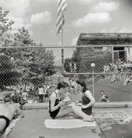 Photo showing: Skin in the Game -- July 1942. Washington, D.C. Sunday swimmers at the municipal pool.