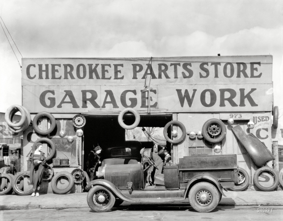 Photo showing: Cherokee Parts -- March 1936. Atlanta, Georgia auto parts shop.