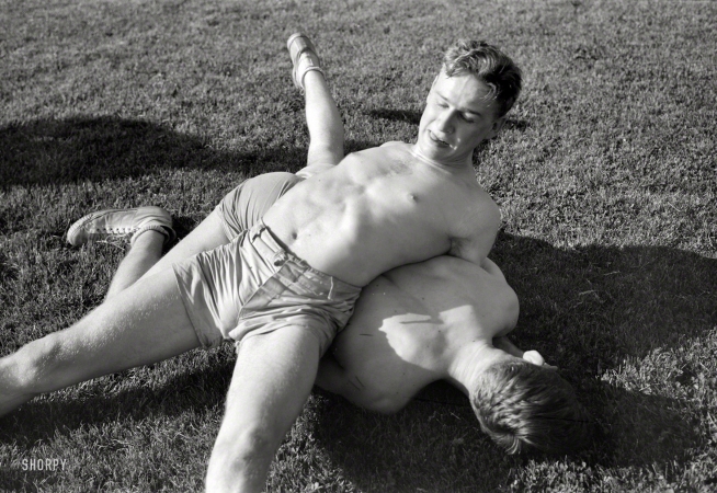 Photo showing: Vise Grip -- July 1942. Wrestling at U.S. Naval Academy, Annapolis.