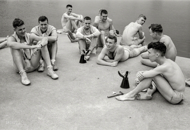 Photo showing: Manly Midshipmen -- July 1942. U.S. Naval Academy, Annapolis, Maryland. Rowing crew.