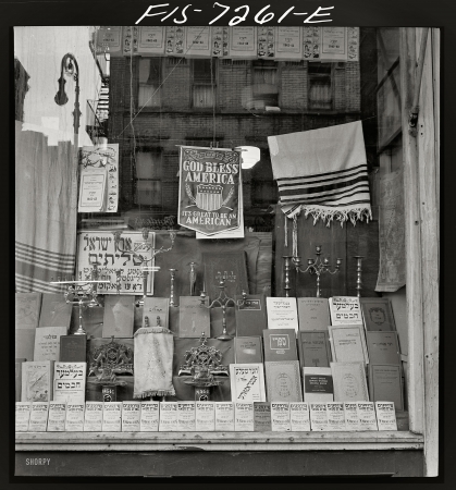 Photo showing: Great to Be an American -- August 1942. Window of a Jewish religious shop on Broome Street.