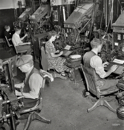 Photo showing: Hot Lead -- September 1942. Linotype operators in composing room of the New York Times newspaper.