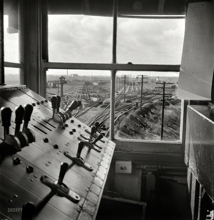 Photo showing: Retarder Tower -- November 1942. Chicago. South classification yard seen from retarder operators' tower at an Illinois Central Railroad yard.