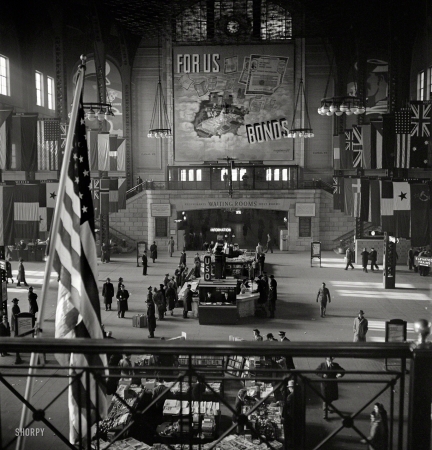 Photo showing: For Us, Bonds -- January 1943. Chicago, Illinois. Union Station train concourse.