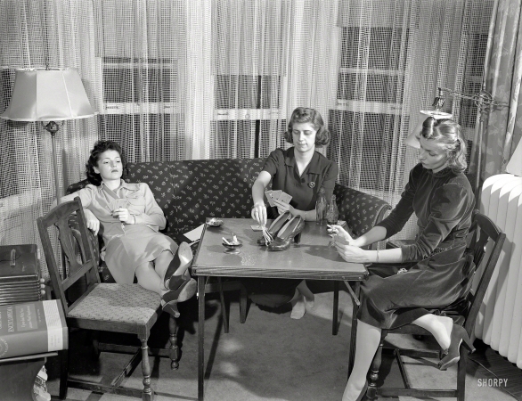 Photo showing: String of Pearls -- Detroit, summer 1941. Girls playing cards and drinking Coca-Cola.