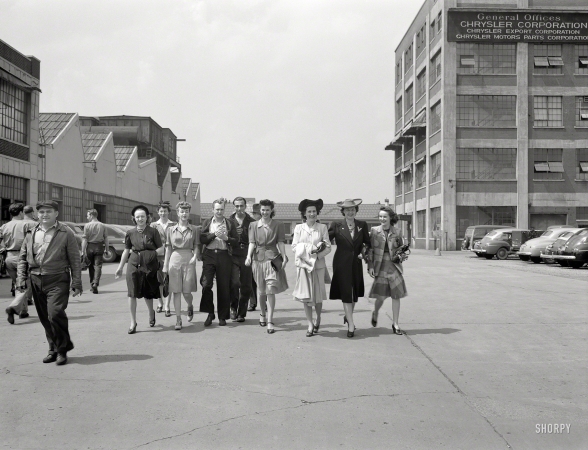 Photo showing: Guys and Dolls -- Spring 1942. Detroit, Michigan. Girls coming out of the Highland Park Chrysler plant.
