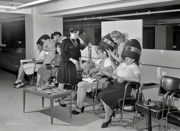 Photo showing: New Wave -- July 1941. Detroit, Michigan. Women drying their hair in the beauty shop at the Crowley-Milner department store.